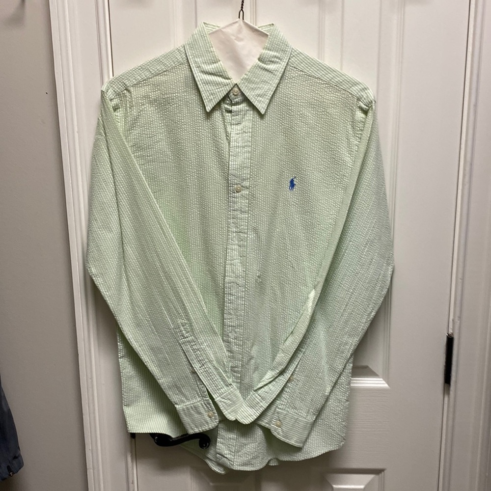 Ralph Lauren Polo Seersucker Button Down Shirt Custom Fit Medium Green striped